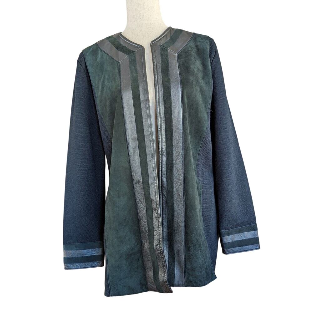 Karffany Jacqueline Munoz Women's Black Leather Suede Wool Cardigan Jacket Sz XL